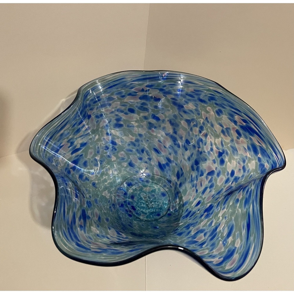 Hand Blown Art Blue Glass Bowl Stamped BAGI Art Studios - Picture 5 of 10